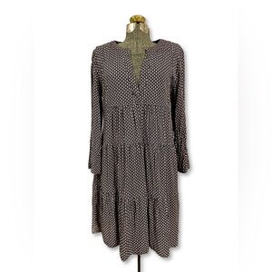 Women’s Polka Dot Babydoll Tunic Dress Black Orange Long Sleeve Tiered Size L